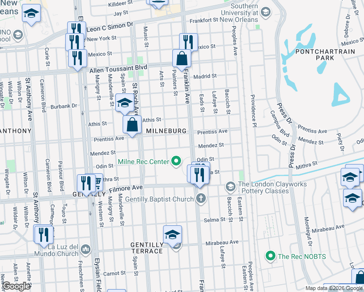 map of restaurants, bars, coffee shops, grocery stores, and more near 5623 Painters Street in New Orleans