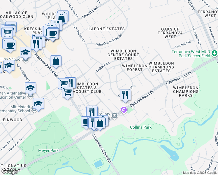 map of restaurants, bars, coffee shops, grocery stores, and more near 6707 Chancellor Drive in Spring