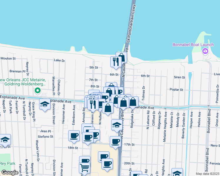 map of restaurants, bars, coffee shops, grocery stores, and more near 3301 West Esplanade Avenue North in Metairie