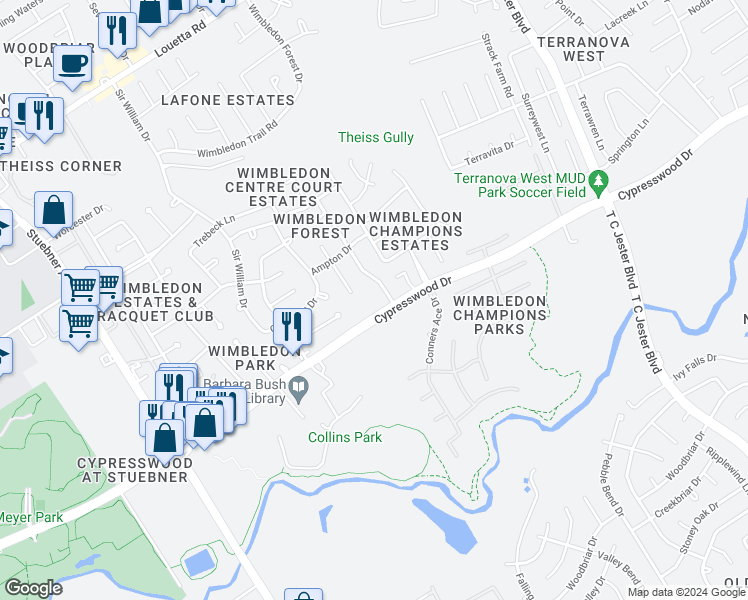 map of restaurants, bars, coffee shops, grocery stores, and more near 6420 Cypresswood Drive in Spring