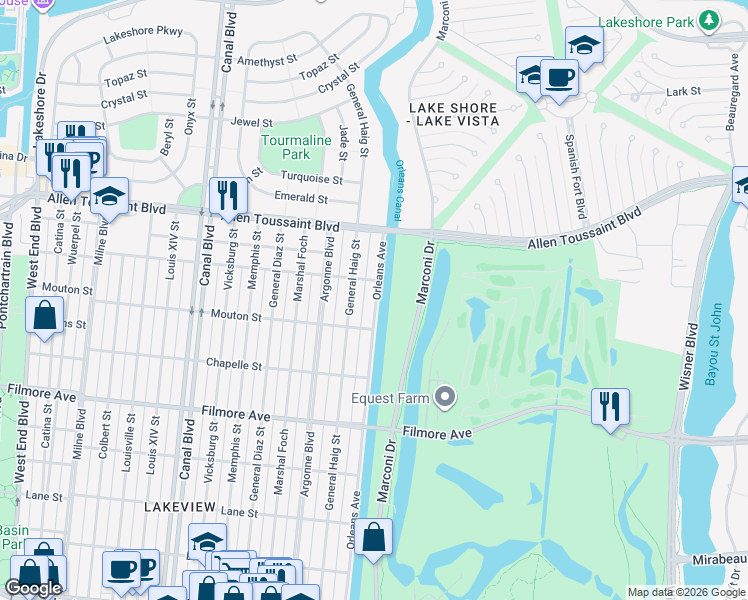 map of restaurants, bars, coffee shops, grocery stores, and more near 6944 Orleans Avenue in New Orleans