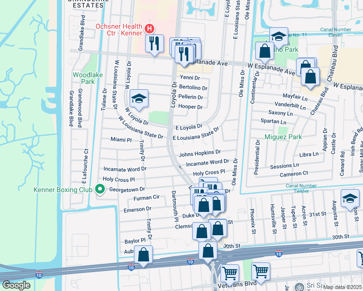 map of restaurants, bars, coffee shops, grocery stores, and more near 4 Bradley Place in Kenner