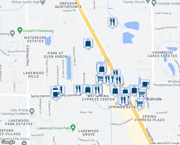 map of restaurants, bars, coffee shops, grocery stores, and more near 11410 Buvinghausen Road in Tomball