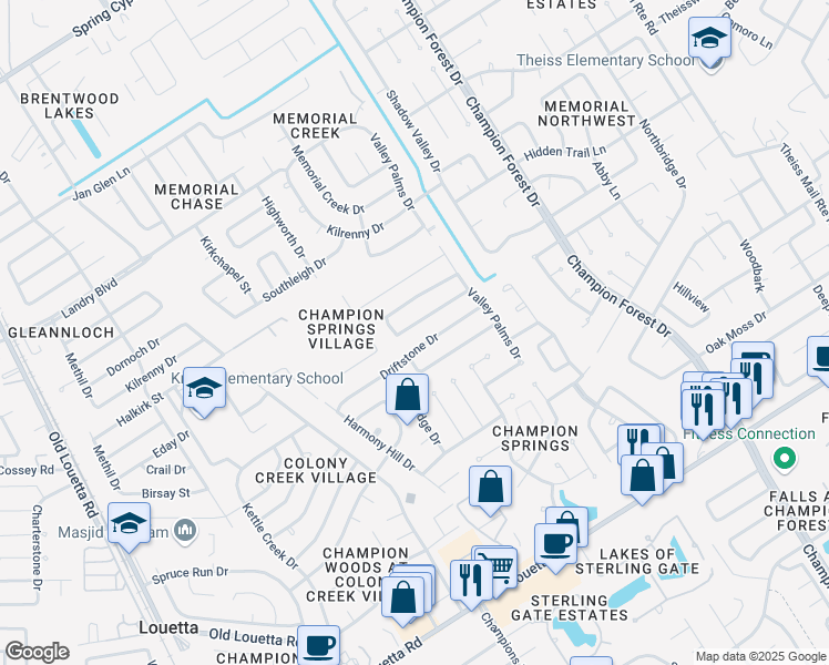 map of restaurants, bars, coffee shops, grocery stores, and more near 8919 Village Hills Drive in Spring