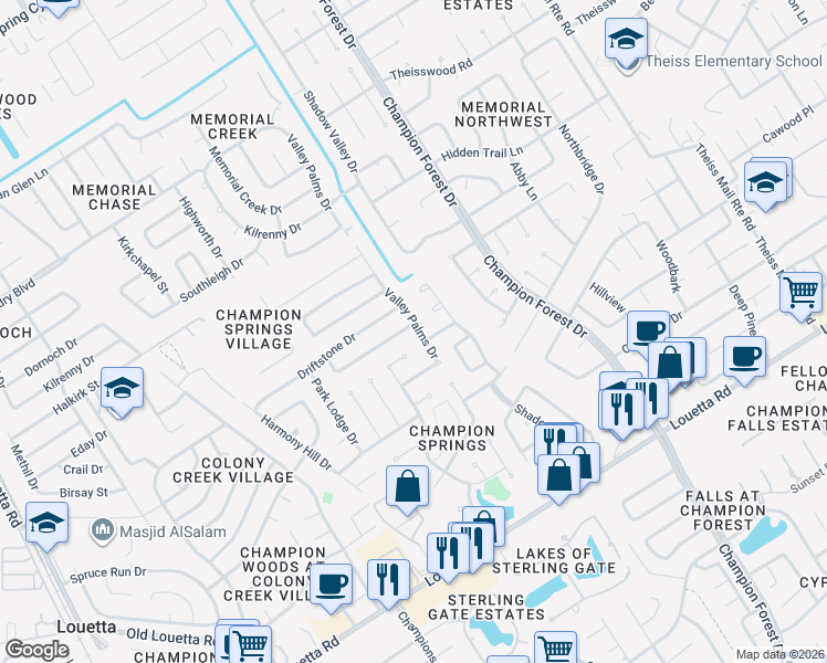 map of restaurants, bars, coffee shops, grocery stores, and more near 8806 Tweedbrook Drive in Spring