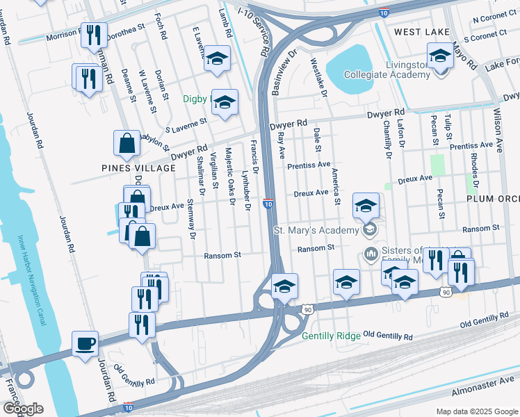map of restaurants, bars, coffee shops, grocery stores, and more near 4645 Francis Drive in New Orleans