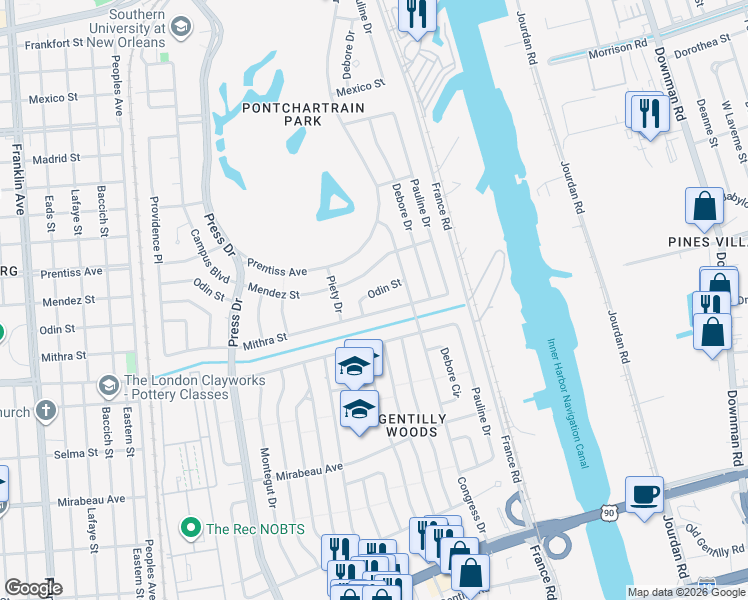 map of restaurants, bars, coffee shops, grocery stores, and more near 4808 Odin Street in New Orleans