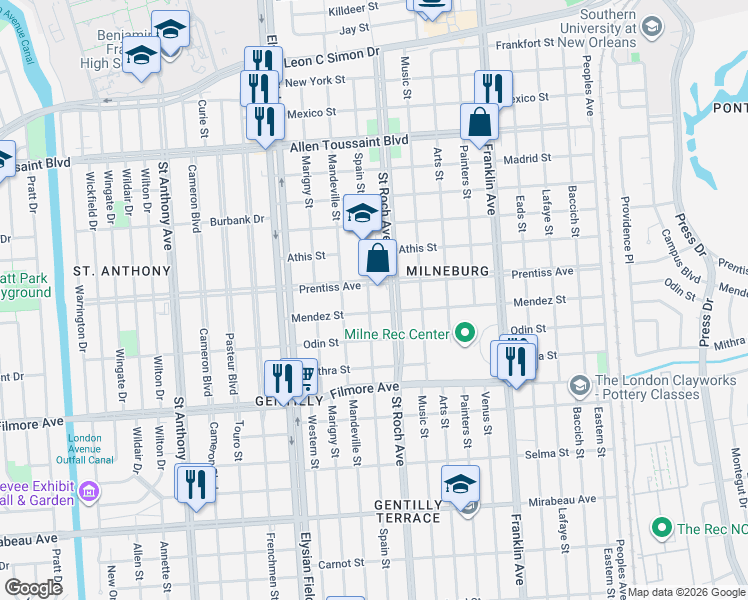 map of restaurants, bars, coffee shops, grocery stores, and more near 5627 Spain Street in New Orleans