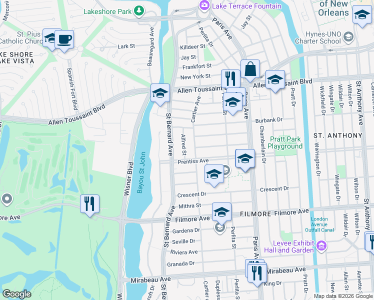 map of restaurants, bars, coffee shops, grocery stores, and more near 5736 Alfred Street in New Orleans