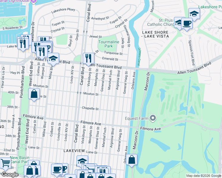 map of restaurants, bars, coffee shops, grocery stores, and more near 6945 Marshal Foch in New Orleans