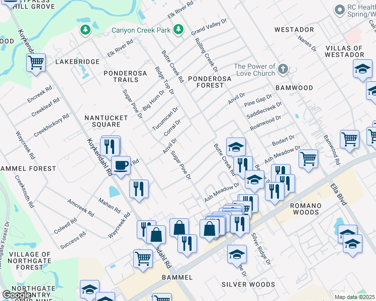 map of restaurants, bars, coffee shops, grocery stores, and more near 17410 Rustic Pine Trail in Houston