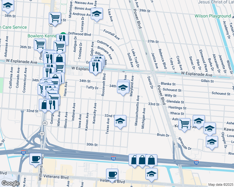 map of restaurants, bars, coffee shops, grocery stores, and more near 3315 Maine Avenue in Kenner
