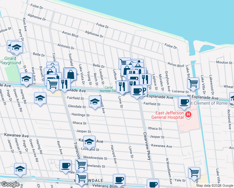 map of restaurants, bars, coffee shops, grocery stores, and more near 4708 West Esplanade Avenue in Metairie
