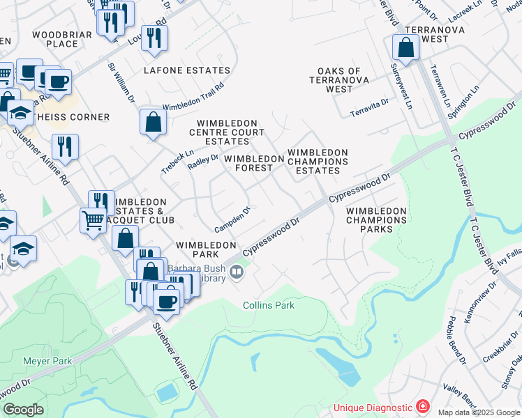 map of restaurants, bars, coffee shops, grocery stores, and more near 16111 Lafone Drive in Spring