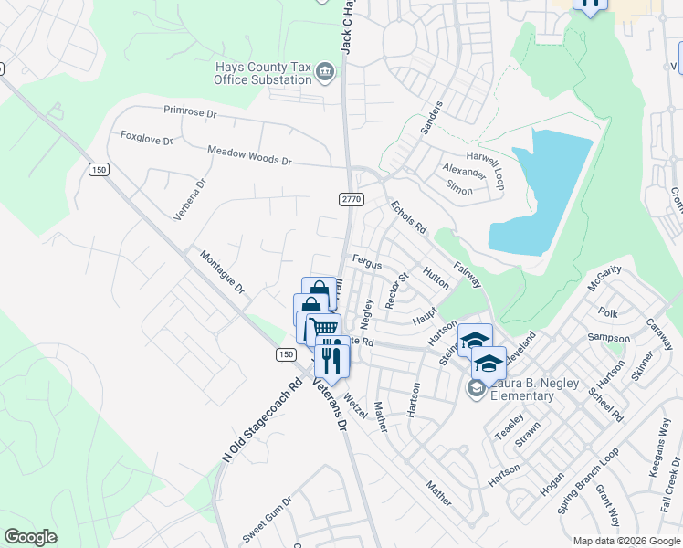 map of restaurants, bars, coffee shops, grocery stores, and more near 100 Marek Drive in Kyle