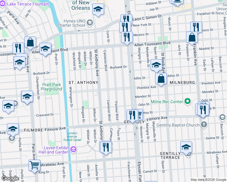 map of restaurants, bars, coffee shops, grocery stores, and more near 5557 Pasteur Boulevard in New Orleans