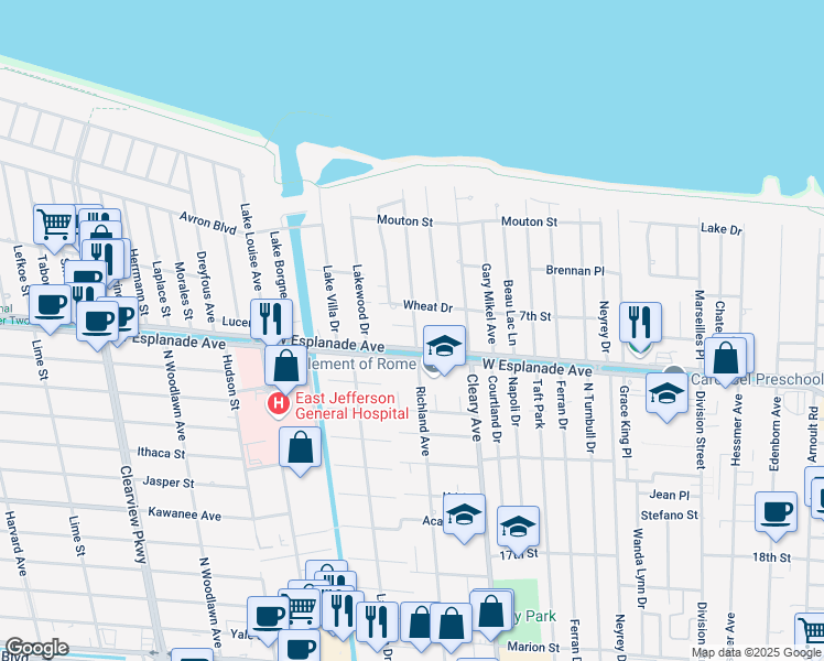 map of restaurants, bars, coffee shops, grocery stores, and more near 4016 Rue Rachele in Metairie