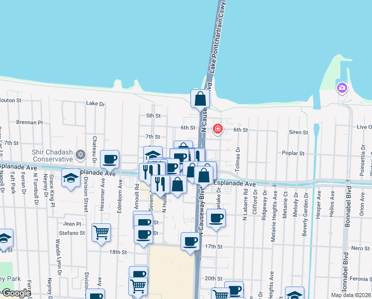 map of restaurants, bars, coffee shops, grocery stores, and more near 8th Street in Metairie