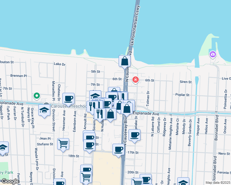 map of restaurants, bars, coffee shops, grocery stores, and more near 3218 8th Street in Metairie