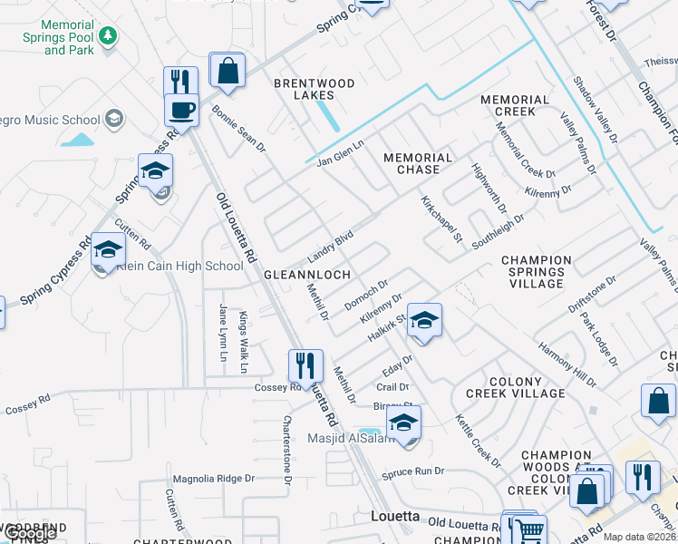 map of restaurants, bars, coffee shops, grocery stores, and more near 9611 Rannock Way in Spring