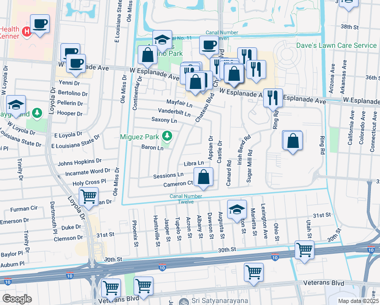 map of restaurants, bars, coffee shops, grocery stores, and more near 812 Dolphin Court in Kenner