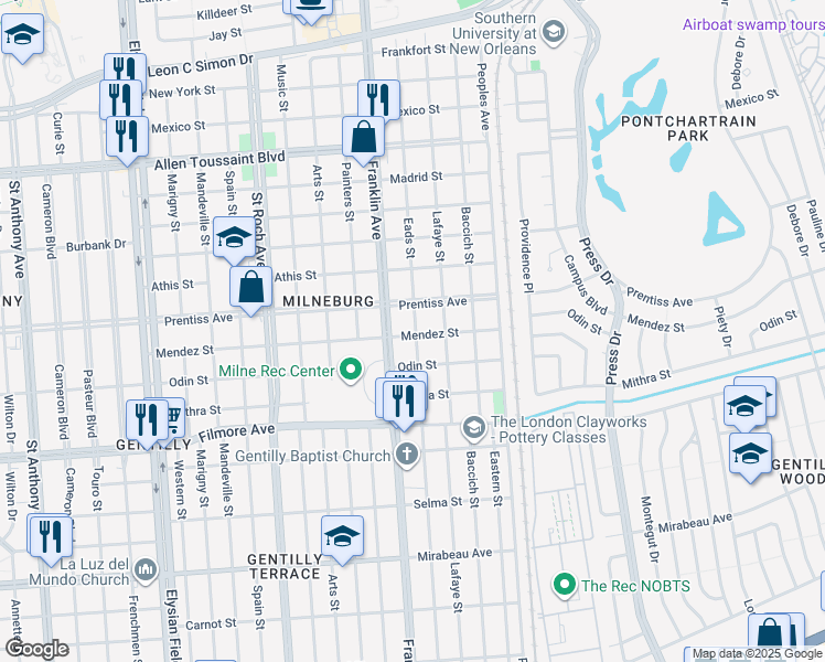 map of restaurants, bars, coffee shops, grocery stores, and more near 5613 Franklin Avenue in New Orleans