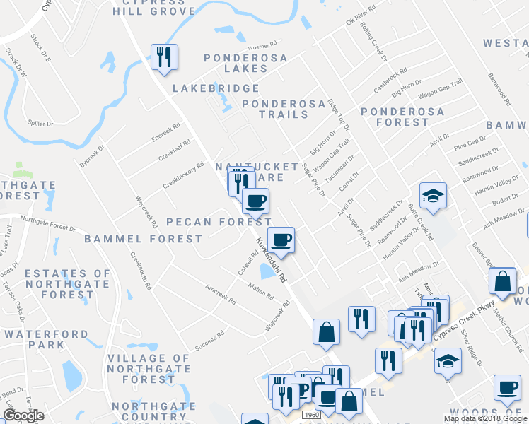 map of restaurants, bars, coffee shops, grocery stores, and more near 17518 Jackson Pines Drive in Houston
