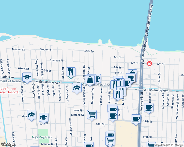 map of restaurants, bars, coffee shops, grocery stores, and more near 4532 Hessmer Avenue in Metairie