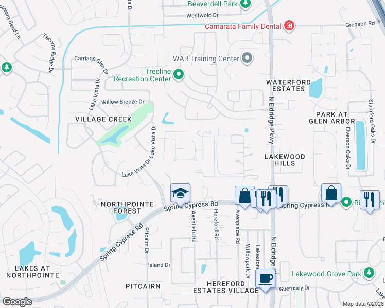 map of restaurants, bars, coffee shops, grocery stores, and more near 17311 Lyric Way Drive in Tomball