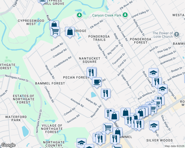 map of restaurants, bars, coffee shops, grocery stores, and more near 17518 Jackson Pines Drive in Houston