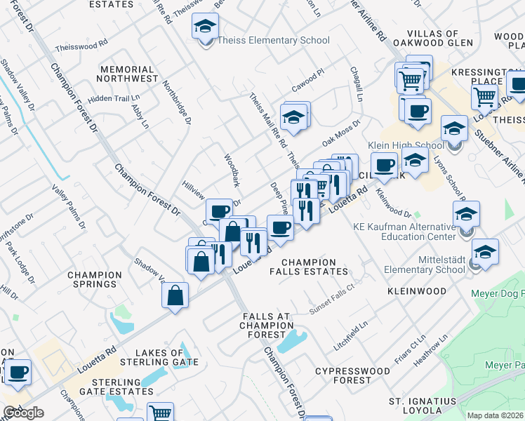 map of restaurants, bars, coffee shops, grocery stores, and more near 8019 Twining Oaks Lane in Spring