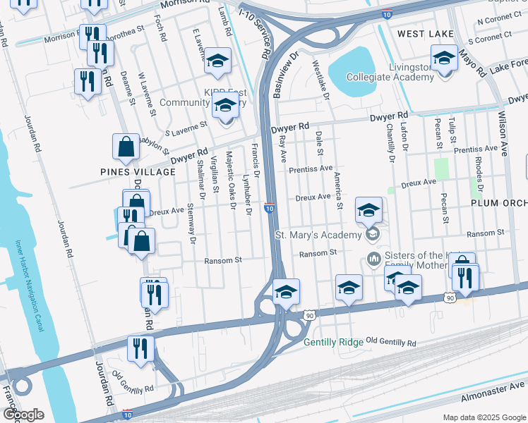 map of restaurants, bars, coffee shops, grocery stores, and more near 4645 Francis Drive in New Orleans