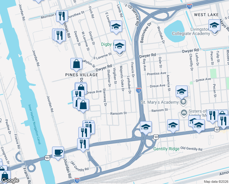 map of restaurants, bars, coffee shops, grocery stores, and more near 4749 Virgilian Street in New Orleans