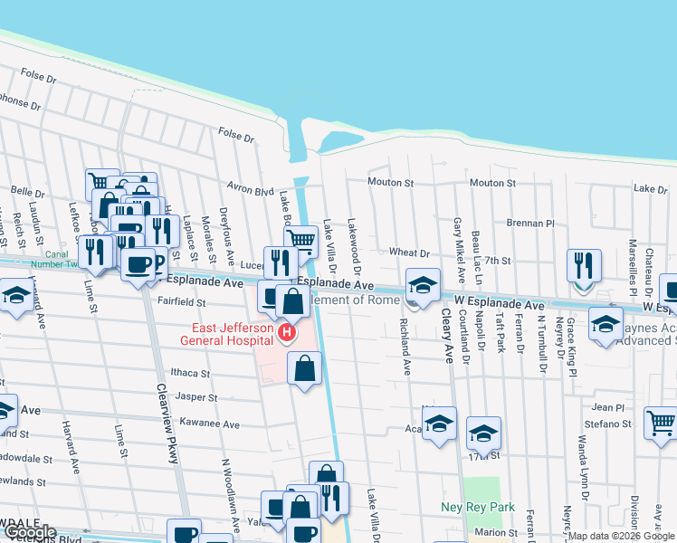map of restaurants, bars, coffee shops, grocery stores, and more near 4413 Lake Villa Drive in Metairie