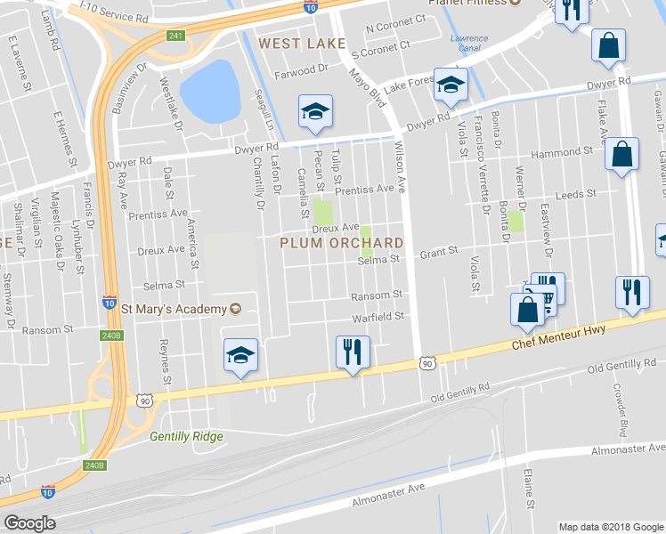 map of restaurants, bars, coffee shops, grocery stores, and more near 4665 Pecan St in New Orleans