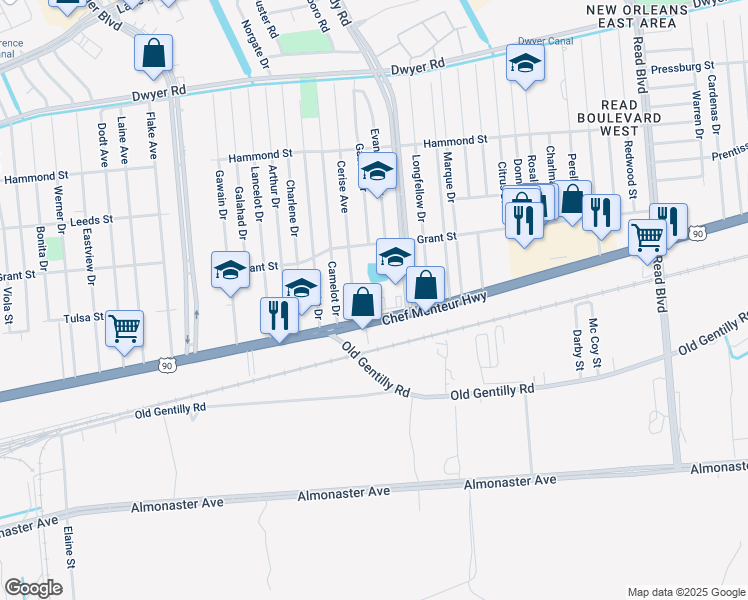 map of restaurants, bars, coffee shops, grocery stores, and more near 9025 Chef Menteur Highway in New Orleans