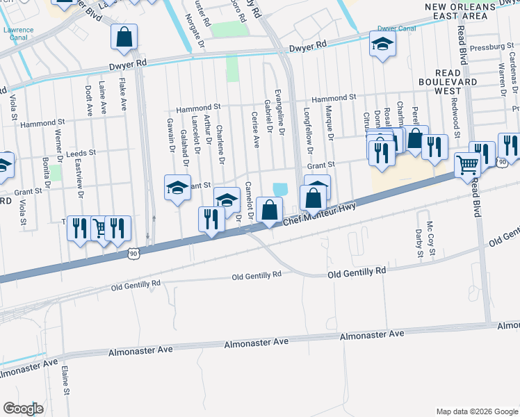 map of restaurants, bars, coffee shops, grocery stores, and more near 4442 Camelot Drive in New Orleans