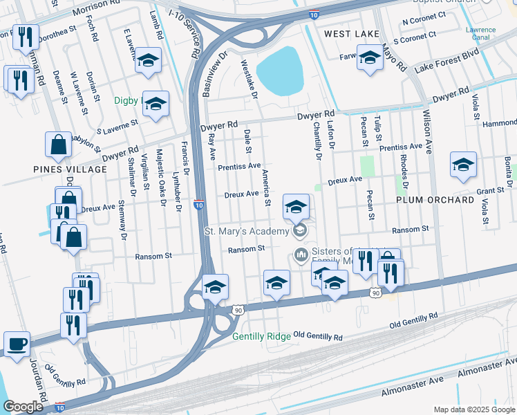 map of restaurants, bars, coffee shops, grocery stores, and more near 4534 Dale Street in New Orleans
