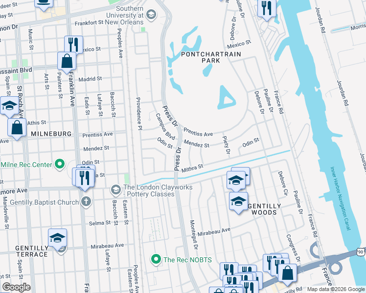 map of restaurants, bars, coffee shops, grocery stores, and more near 5551 Press Drive in New Orleans