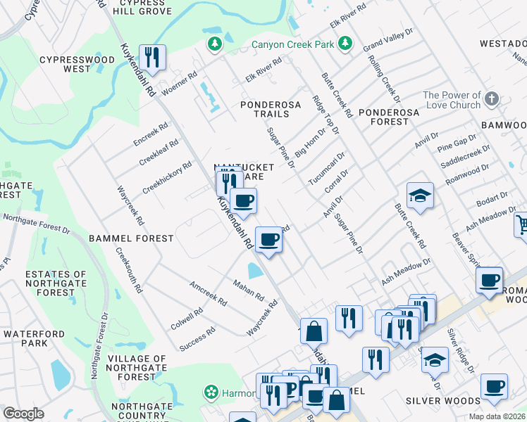 map of restaurants, bars, coffee shops, grocery stores, and more near 17518 Jackson Pines Drive in Houston