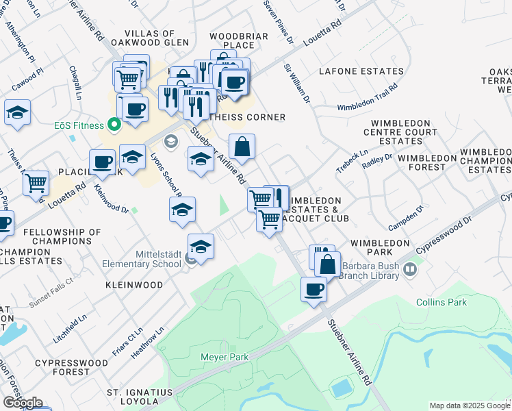 map of restaurants, bars, coffee shops, grocery stores, and more near 412 Lyons Court Road in Spring