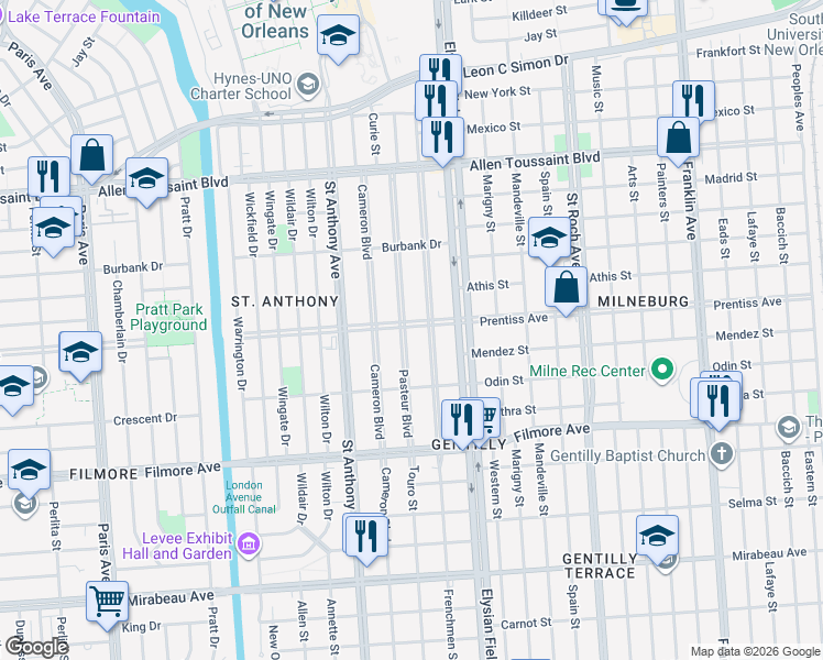 map of restaurants, bars, coffee shops, grocery stores, and more near 5557 Pasteur Boulevard in New Orleans