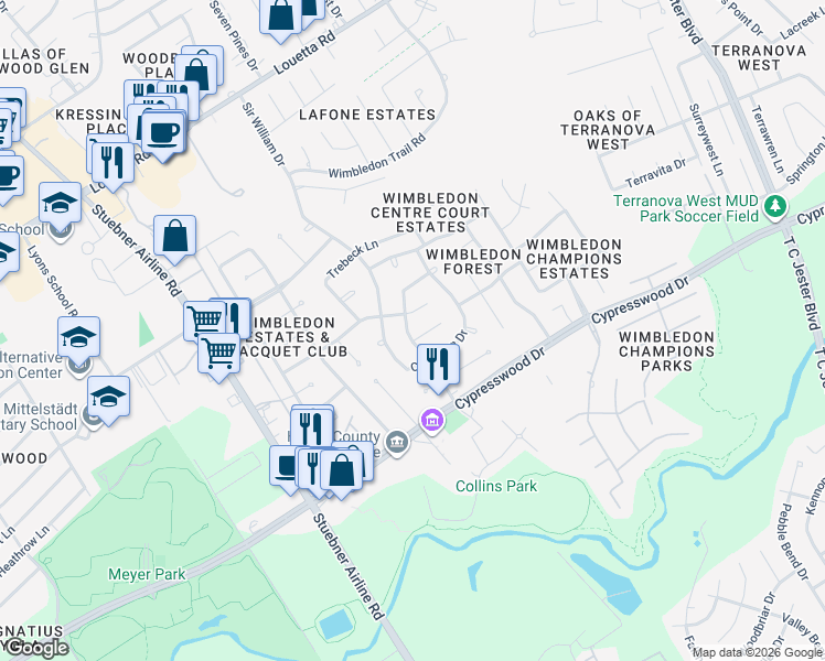 map of restaurants, bars, coffee shops, grocery stores, and more near 6622 Ampton Drive in Spring