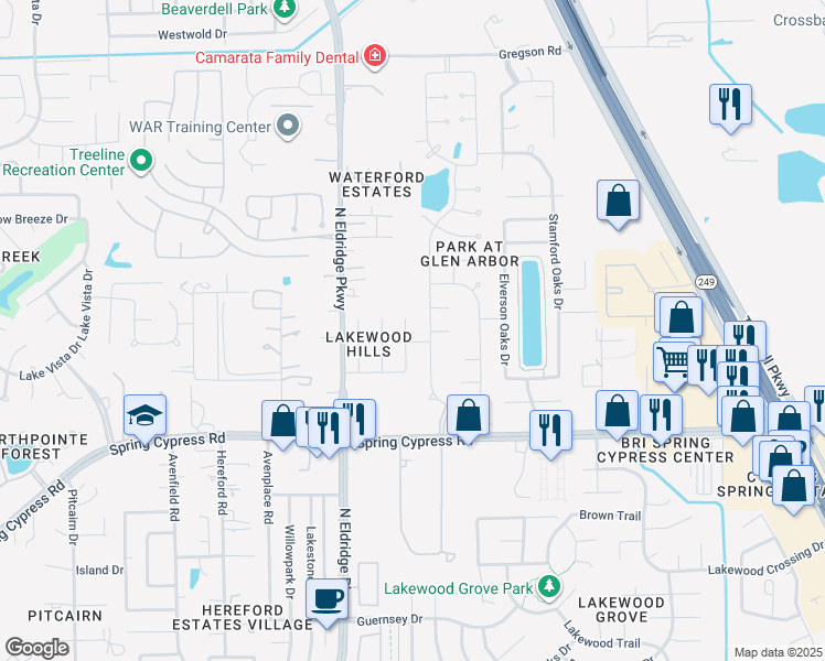 map of restaurants, bars, coffee shops, grocery stores, and more near 17406 Apache Hills Drive in Tomball