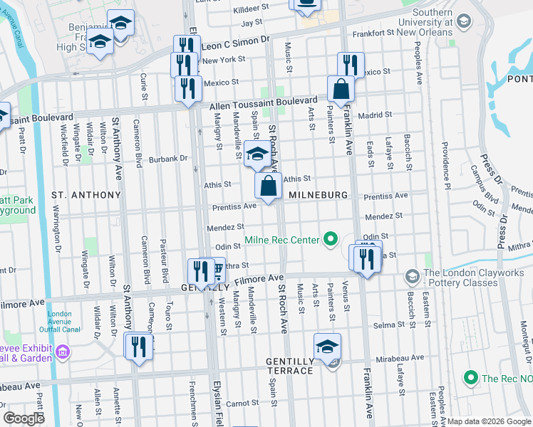 map of restaurants, bars, coffee shops, grocery stores, and more near 5627 Spain Street in New Orleans