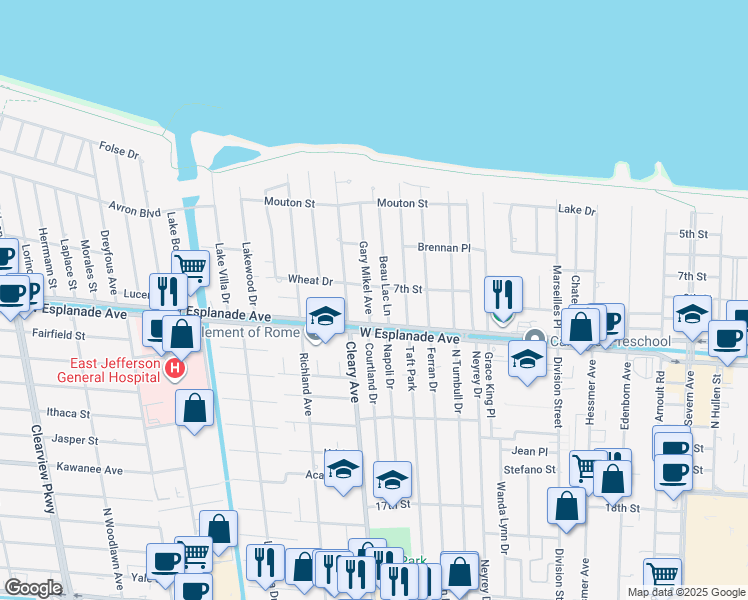 map of restaurants, bars, coffee shops, grocery stores, and more near 4517 Gary Mikel Avenue in Metairie