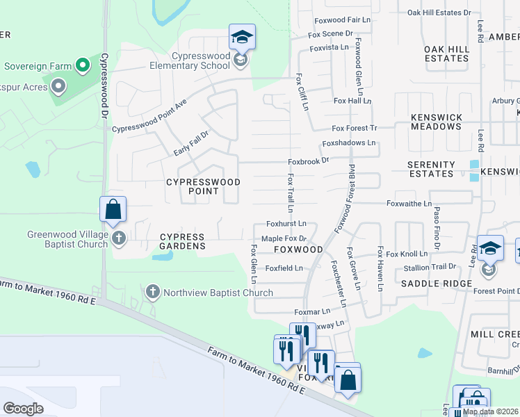 map of restaurants, bars, coffee shops, grocery stores, and more near 6916 Foxwaithe Ln in Humble