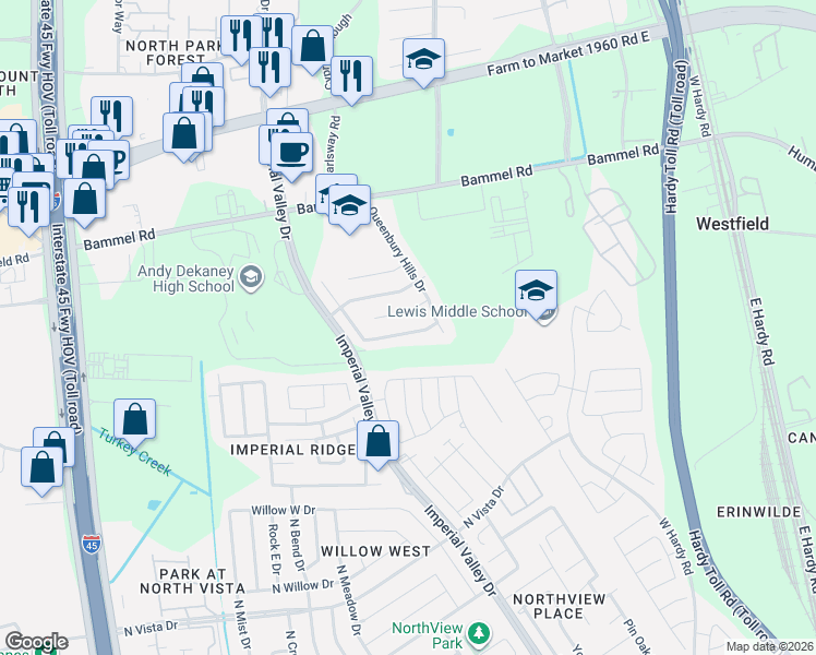 map of restaurants, bars, coffee shops, grocery stores, and more near 1011 Lancaster Lake Drive in Houston