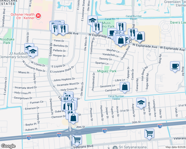 map of restaurants, bars, coffee shops, grocery stores, and more near 3285 Presidential Drive in Kenner