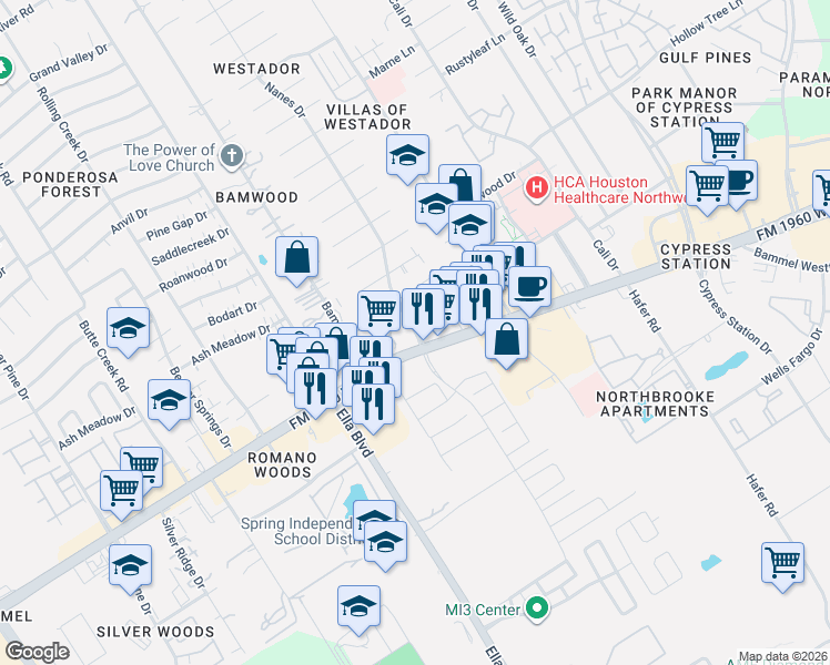 map of restaurants, bars, coffee shops, grocery stores, and more near Nanes Drive in Houston